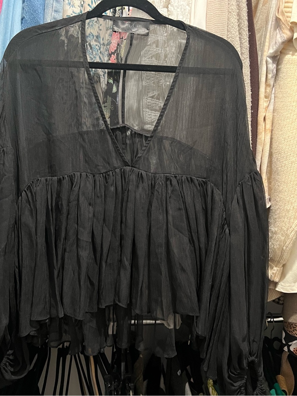 Sheer Black Peasant Blouse - Flowing Ruffle Hem